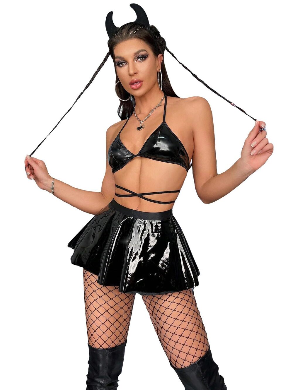 4124 PU Leather Criss Cross Halter Backless Costume Lingerie Set